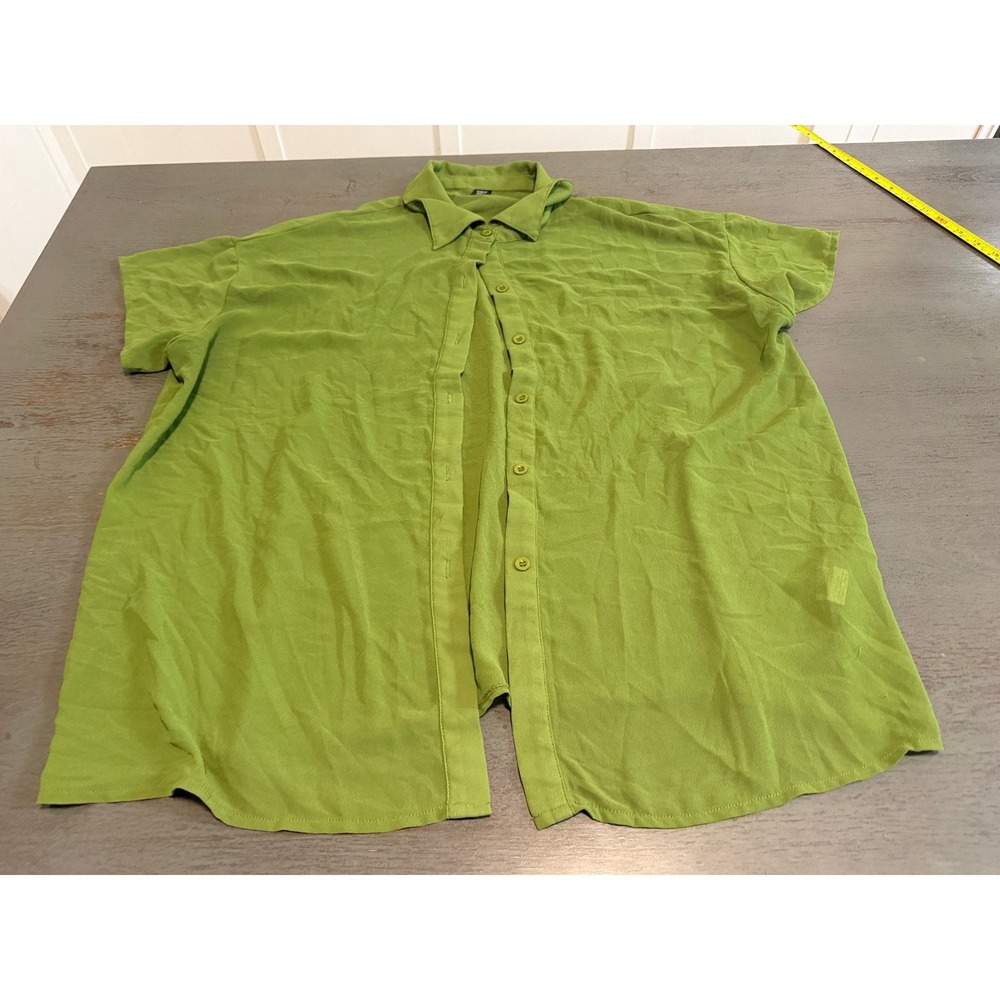 Shein Curve Women 0XL Olive Green Short Sleeve Button Down Blouse Shirt Top